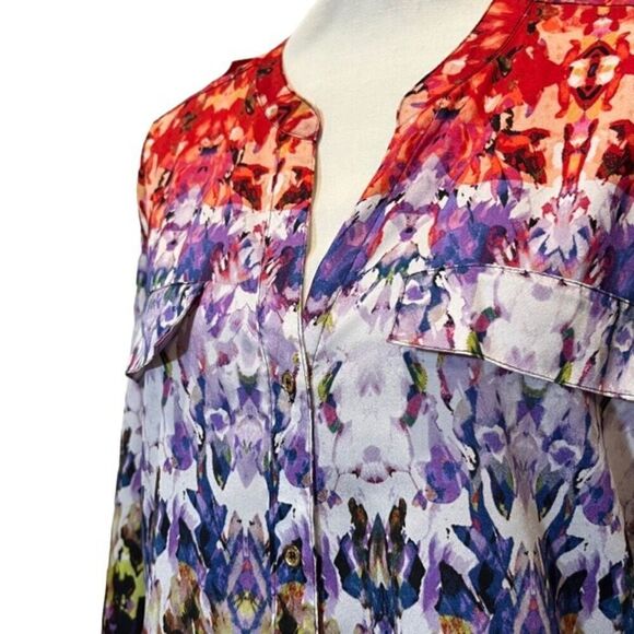 Calvin Klein Button Front Top Silky Abstract Artsy Black Blue Red Size Large - Picture 2 of 13